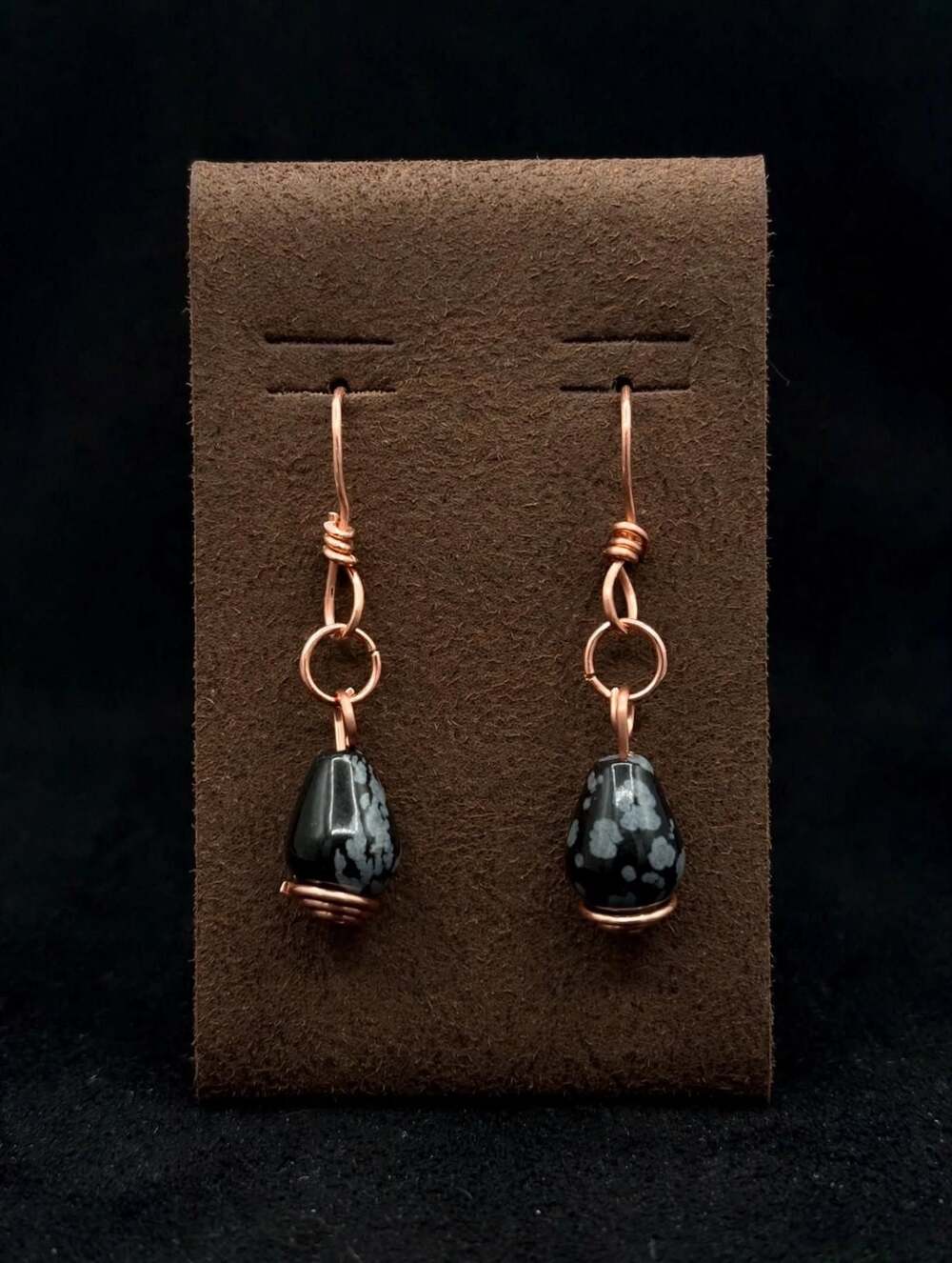 Handmade Copper Wire Wrapped Snowflake Obsidian Teardrop Dangle Earrings